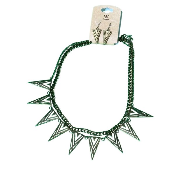 W Necklace Earring Set Triangle Pendants Geometric Design Double Chain Gold-Tone - Picture 2 of 14